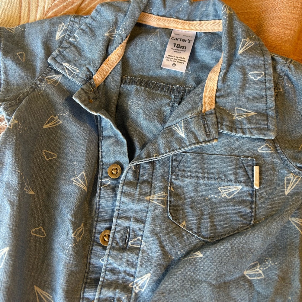 Carter's Denim Blue Shirt with Airplane Pattern